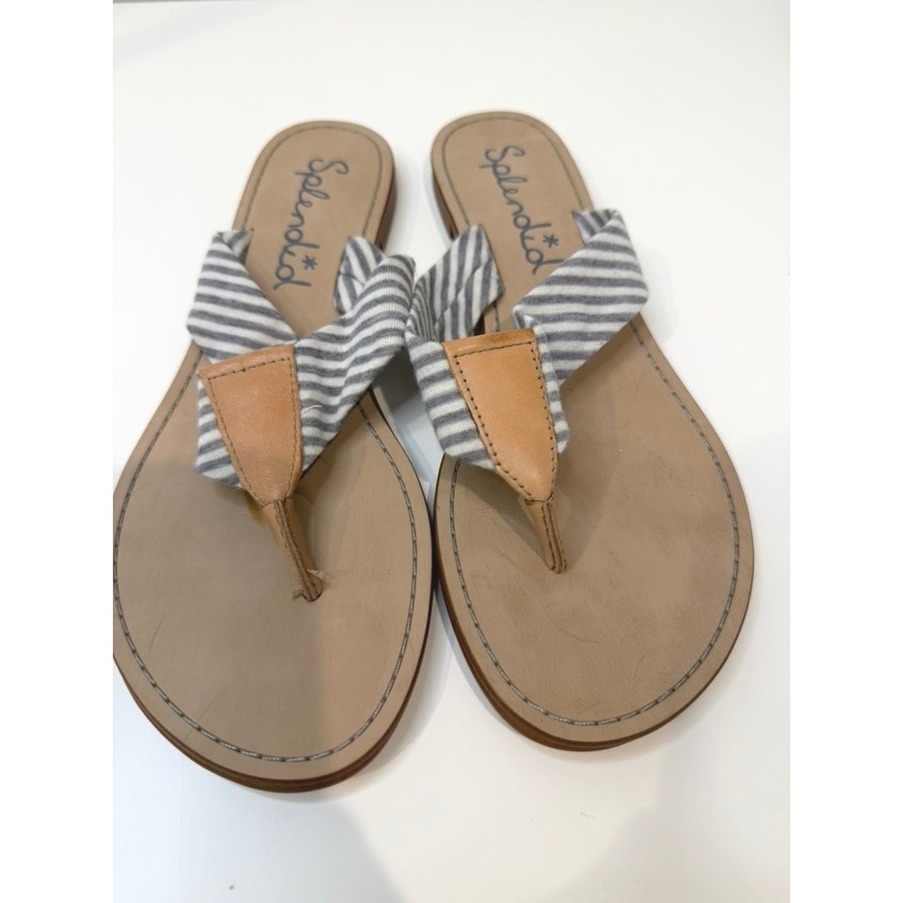 Splendid Flip Flop Thong Sandals, Striped Fabric Straps, Leather Detailing, 7.5